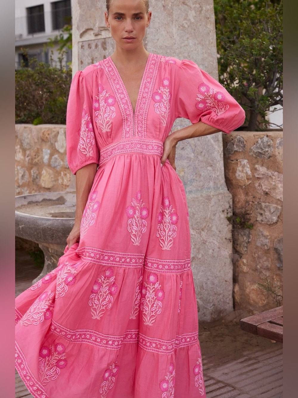 Oliphant Pink Embroidered V-Neck Maxi Dress
